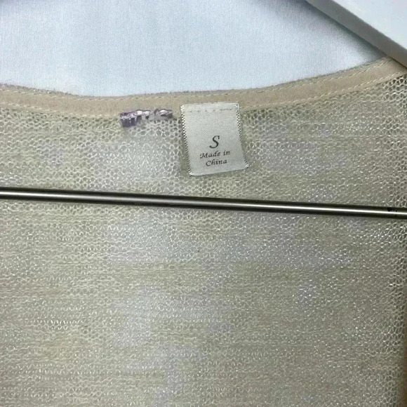 Womens Cardigan Cream S Waterfall Open Front Bell Sleeves 14” Lace Border EUC - Picture 2 of 12